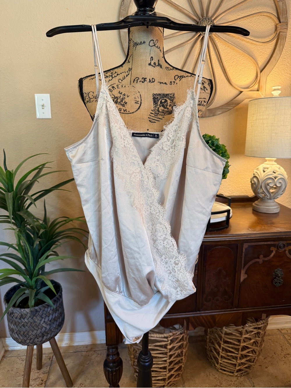 Abercrombie & Fitch Spaghetti Strap Cream Satin Lace-Trim Bodysuit